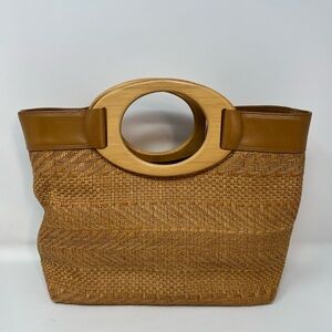 Fossil Tan Woven Tote with Wooden Oval Handle